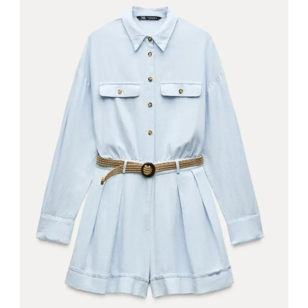 Zara Linen Blend Light Blue Belted Button Up Jumpsuit Shorts Romper Size Large